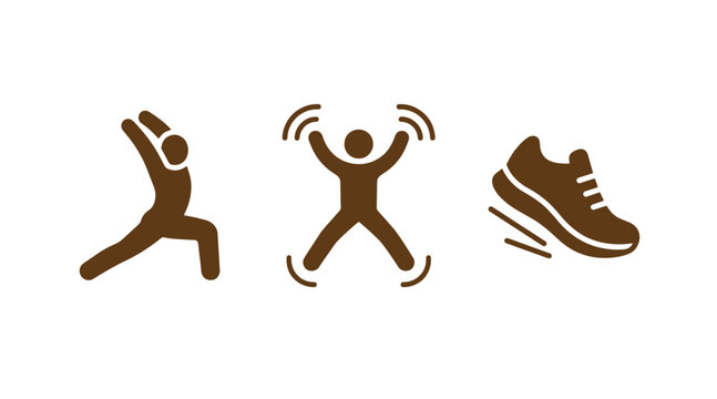 Set of three sport icons featuring lunging person jumping jacks and athletic running shoe exercise training athletic illustration silhouette activity wellness movement