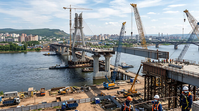 Massive bridge construction over water with cranes and workers 1.