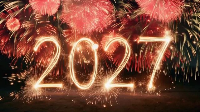 New Year's Eve 2027 is celebrated with a stunning display of golden fireworks and sparkling sparklers illuminating the night sky. ..Created with Generative AI, not depicting real subjects.