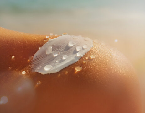 Close-up of delicate white petal with clear water droplets on sun-kissed skin, evoking serene summer beauty and refreshing hydration, perfect for spa, wellness, and skincare advertising visuals.