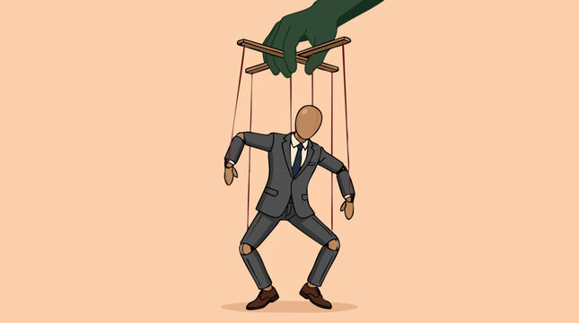 Dark hand controlling a businessman puppet with strings
