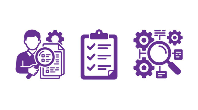 Business analysis icons set showing audit research planning and technical problem solving with magnifying glass and clipboard analysis research planning clipboard magnifying