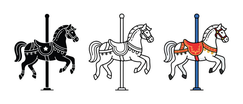 carousel horse figures illustrated in different styles for creative design projects and amusement park themes