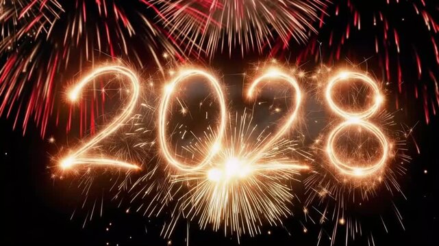 New Year's Eve celebration with the year 2028 written in sparkling light against a backdrop of vibrant fireworks. ..Created with Generative AI, not depicting real subjects.
