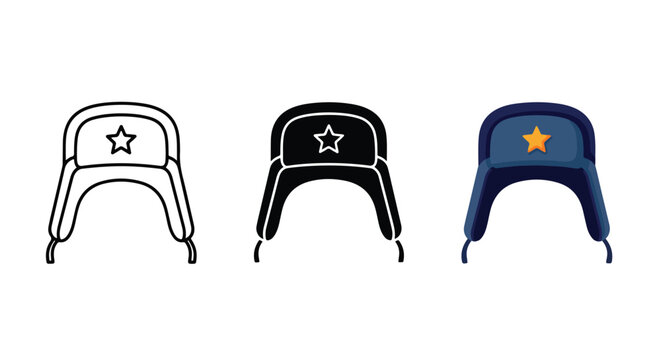 Winter ushanka hat vector icon set: Glyph and solid icon set - Icon vector - logo icons. Blue, Black and white icons