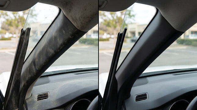 Close-up of a car's interior showcasing the transformation of the windshield pillar from dirty to clean surface to illustrate