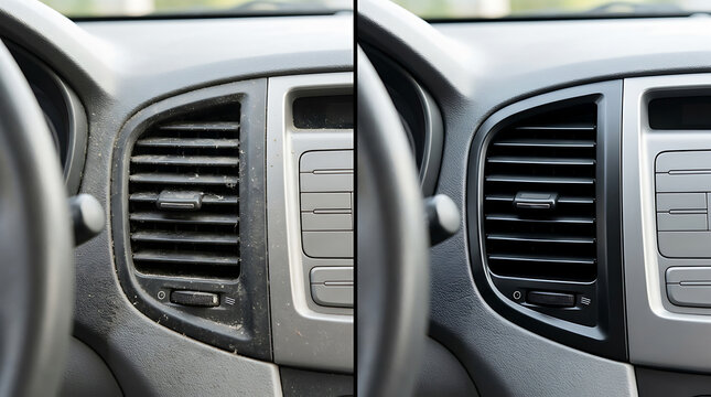Comparison of car air conditioning vents showing dirty and clean states for a detailed visual analysis