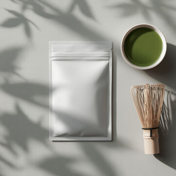 柔らかな影が差す抹茶シーンと白いスタンドパウチのモックアップ