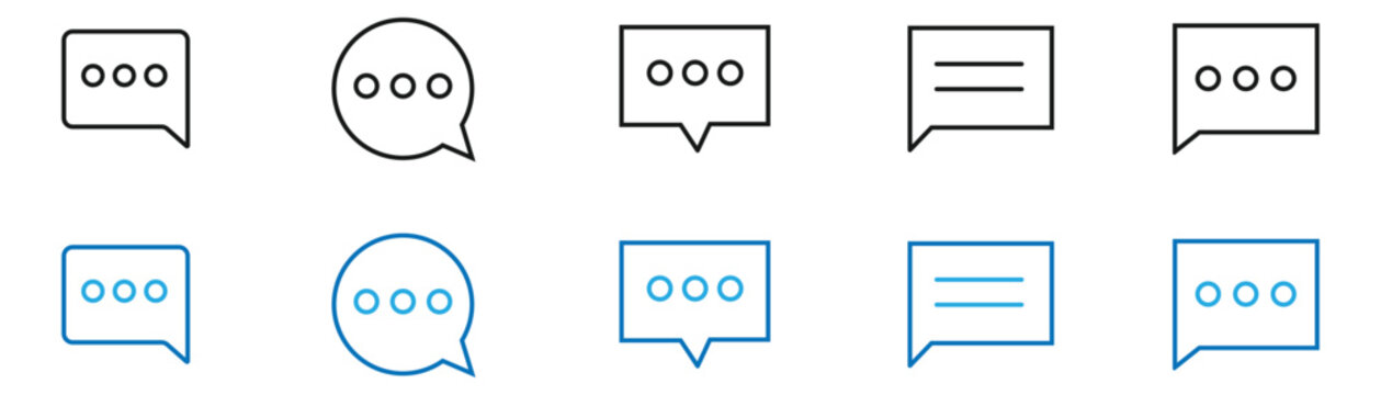 Icon set of speech bubble chat and messaging line elements in dark grey and blue styles. Comment, discussion, feedback, message notification, and dialogue symbols isolated on white background. Vector 