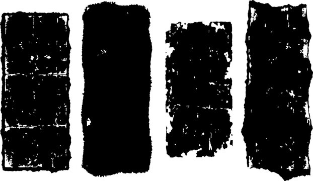 Four distressed black rectangular textures against a white background with rough edges and grunge effect