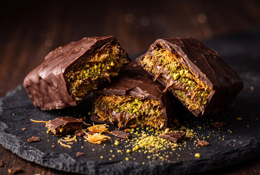 Broken chocolate kunafa pieces reveal layers of pistachio filling and crispy kataifi pastry, arranged on a dark serving surface for an indulgent dessert presentation.