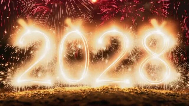 Happy New Year 2028, with bright sparkling fireworks in the background. ..Created with Generative AI, not depicting real subjects.