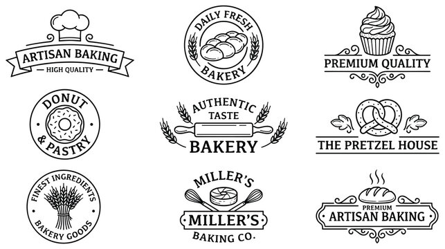 Bakery and baking shop logos with artisanal bread cupcake and pretzel.