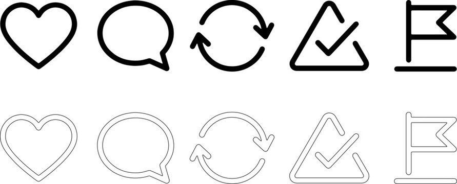 Social Media Line Icon Set Featuring Heart Comment Repost Checkmark And Flag Symbols For User Interface Design