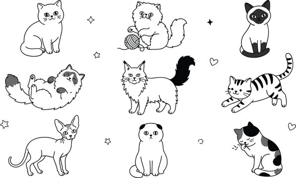 Cute Kawaii Cat Breed Icon Set Featuring Black and White Hand Drawn Cartoon Kitten Line Art Doodle Illustrations for Kids Coloring Pages and Stickers,