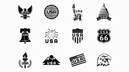 Fototapeta premium Black and white patriotic symbolic icons collection with organized grid against neutral background representing national symbols landmarks emblems arranged