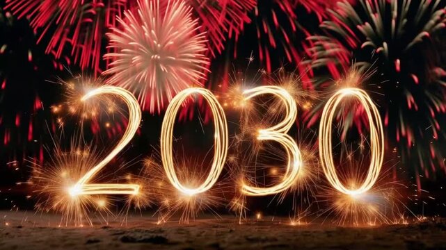 New Year's Eve celebration with 2030 written in sparklers, surrounded by a dazzling display of fireworks. ..Created with Generative AI, not depicting real subjects.