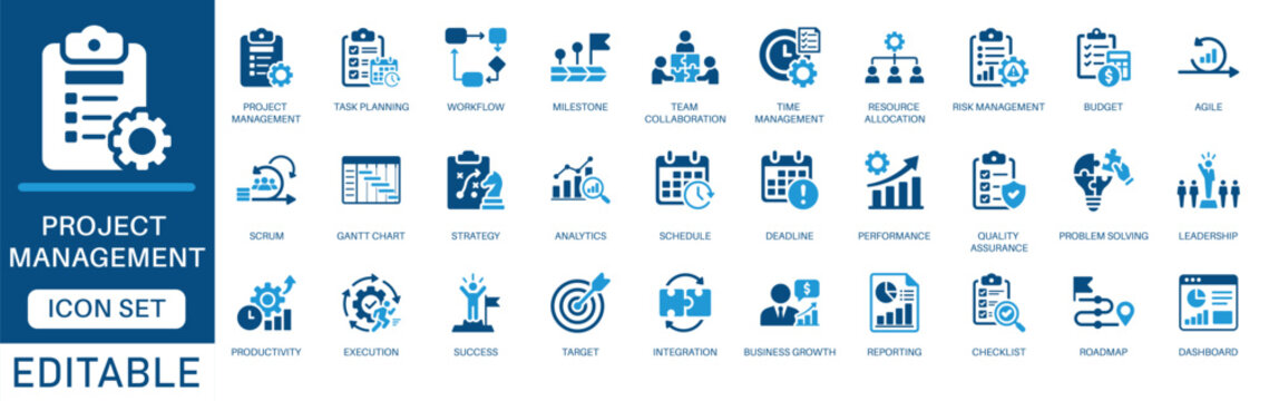 Project management icon set with vector symbols for task planning, workflow, milestone, collaboration, agile, scrum, Gantt chart, and timeline in blue flat design.