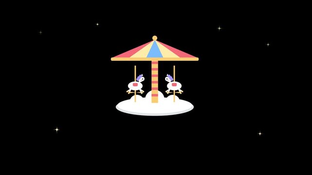 Colorful carousel with white horses against a starry night sky.