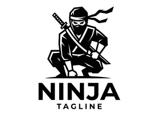 A crouching ninja warrior figure is depicted in a bold black silhouette against a white background combatant martial arts fighter © Apai
