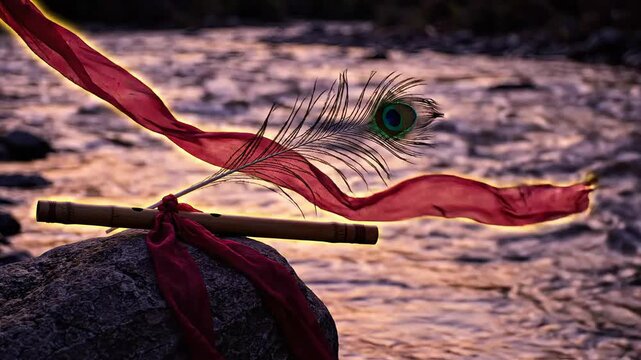 Traditional bamboo flute with peacock feather resting on stone riverbank at sunset serene spiritual atmosphere for Indian cultural festival celebration and ritual background