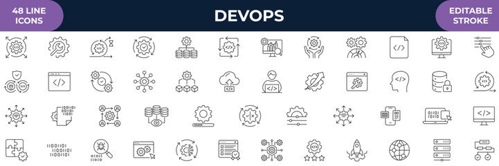 Fototapeta premium DevOps icon set. Containing automation, deployment, agile workflows, software development, and etc. Outline Icon Collection. Editable stroke With Vector illustration