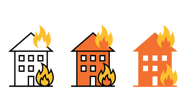 Burning houses in varying styles depict fire hazards and emergency situations with linear designs arson blaze building combustion conflagration damage