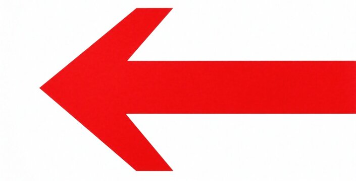 Bright red arrow points left on white background. Simple graphic symbol shows direction movement. Minimalist sign indicates way to go back button. Bold element useful for navigation, web design, info