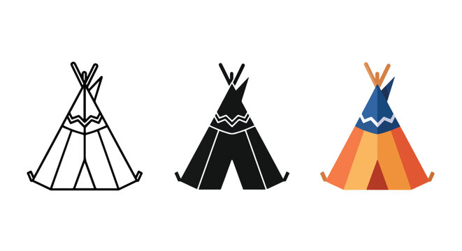 Tepee tent dwelling vector icon set: Glyph and solid icon set - Icon vector - logo icons. Blue, Black and white icons