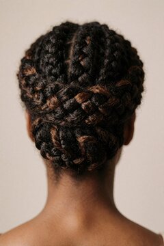 Back view dark braided hair styled in intricate bun atop head against soft light backdrop. Elegant updo created with textured strands gathered neatly for sophisticated look.