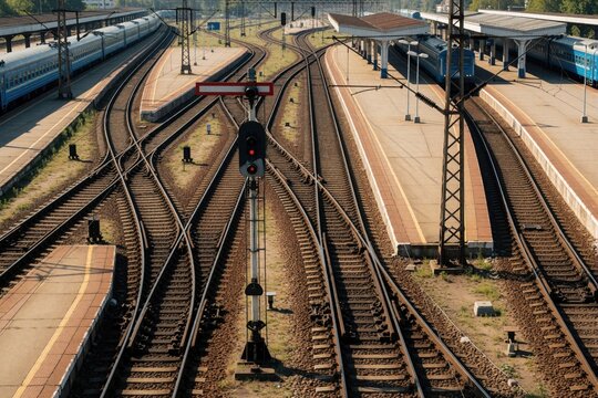 Complex railway junction with converging tracks trains and station platforms. Overhead lines and signals direct train movement in terminal yard. Transportation infrastructure details.