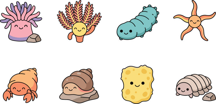 Cute Kawaii Marine Invertebrate Icon Set with Sea Anemone Starfish Hermit Crab and Sponge