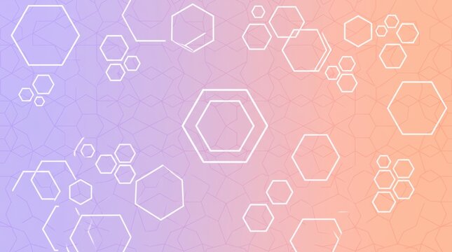 Abstract background with gradient from purple to orange, white hexagon outlines and geometric pattern for modern design, web banner, technology concept, creative layout template.