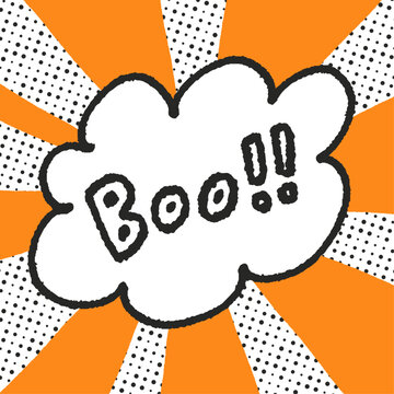 An illustration featuring the text &ldquo;Boo!!&rdquo; with a black outline inside a cloud-shaped speech bubble, set against a background of random dots and bright orange rays.