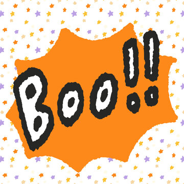 Hand-drawn-style typography illustration of &ldquo;Boo!!&rdquo; for Halloween, set against a star-patterned background