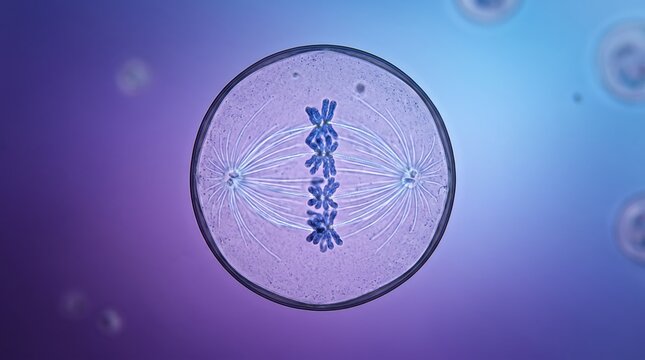 Detailed illustration of cell mitosis division process showing chromosomes aligning at metaphase plate, biology science education concept under microscope view.