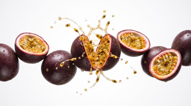 Passion fruit halves splash tropical juice in mid-air against a white background.