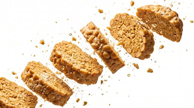 Peanut brittle slices float diagonally with scattered crumbs on a solid white background.
