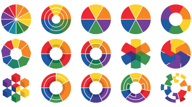 Color wheel infographic set with circular rainbow diagrams for data visual.