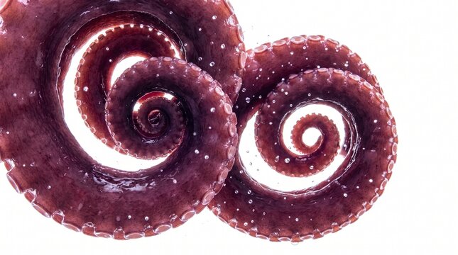 Octopus tentacles curled in spiral shapes isolated on white background.
