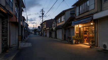 Fototapeta premium quiet old shopping street with warm shop lights at dusk in japan