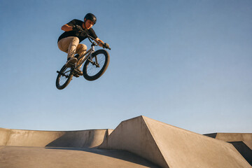 Fototapeta premium A BMX rider performs a high jump at a sunny skatepark, mid air above concrete ramps. Dynamic action captures pursuit of balance and fearless outdoor adventure.