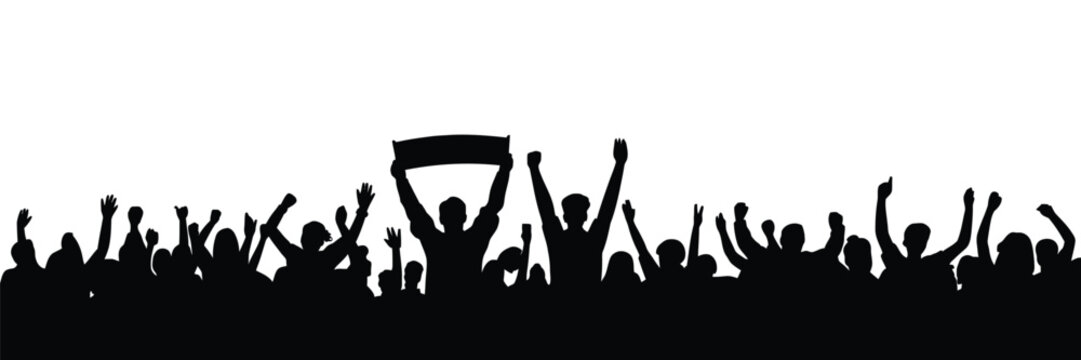 Crowd of people silhouette, happy cheering group, football fans with scarves, cheering crowd, concert audience, sport event, vector illustration