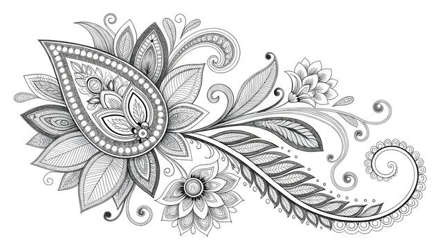 Intricate Black and White Paisley Floral Line Art Illustration