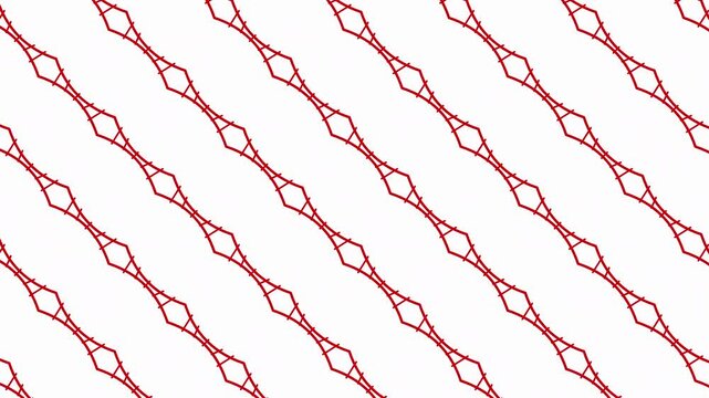 Animated seamless textile pattern featuring repeating red curved stitching lines and small stitch marks moving continuously across a clean white background. Ideal for fabric, fashion, and tailoring.
