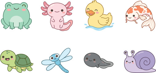 Fototapeta premium Cute Kawaii Pond Animal Icon Set with Frog Axolotl Turtle Goldfish and Baby Wildlife