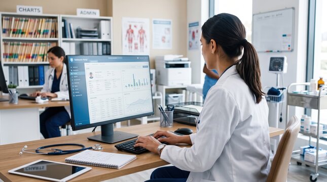 Female doctor working on computer in clinic analyzing medical records and patient data, healthcare professional using digital technology in hospital environment