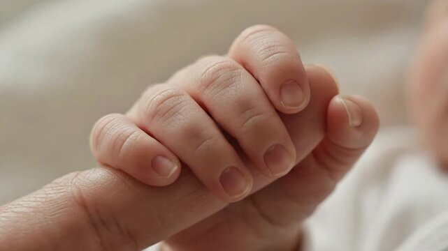 Close-up of a tiny newborn baby hand gently gripping an adult finger, symbolizing love and bonding