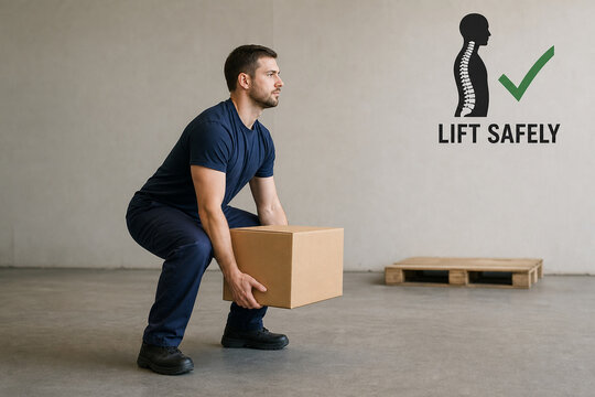 Man lifting a box correctly with bent knees and straight back. Educational concept for safe lifting technique, workplace safety, and ergonomics. Studio shot with a wooden pallet.