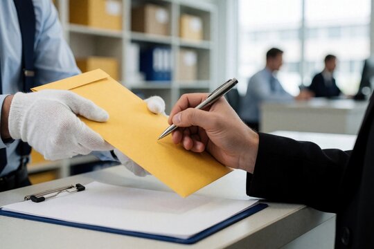 Man in white gloves hands yellow envelope for signing at mailroom counter. Business transaction with document, pen and paper. Professional staff handles mail delivery and receiving process.